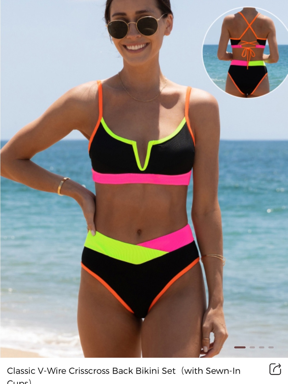 Neon Trim Black V-Wire High-Waist Bikini - Black with Neon Pink & Lime